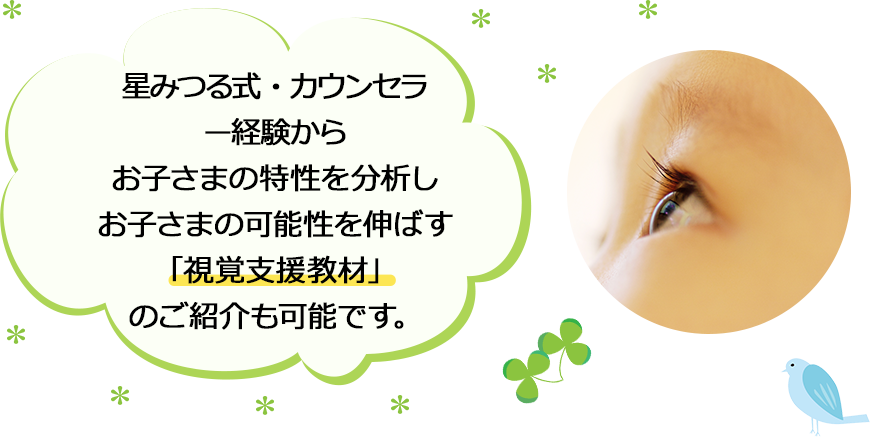 星みつる式・カウンセラ ー経験から お子さまの特性を分析し お子さまの可能性を伸ばす 「視覚支援教材」 のご紹介も可能です。