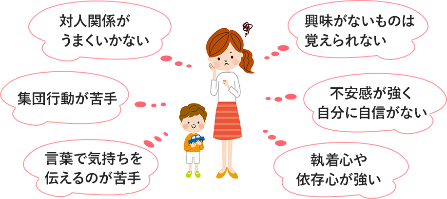 対人関係がうまくいかない 興味がないものは覚えられない 集団行動が苦手
                      不安感が強く自分に自信がない 言葉で気持ちを伝えるのが苦手 執着心やこだわりが強い